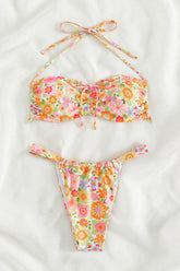 Floral 2 Piece High Hips Thong and Wireless Tie Bra